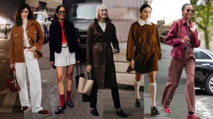 A graphic of five women wearing loafer outfits at Fashion Week