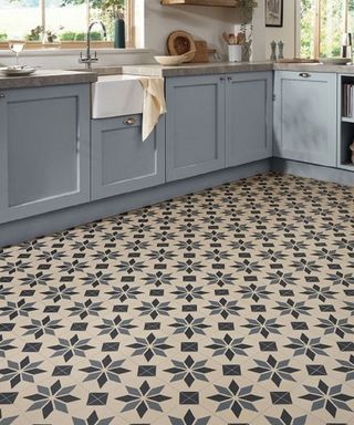 pale blue kitchen with star patterned vinyl flooring