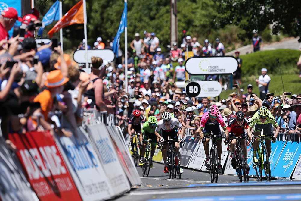 Jay McCarthy and Diego Ulissi battle for the stage 2 win.
