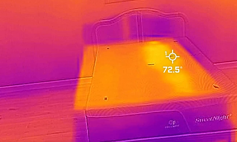 A thermal imaging camera showing the hotspot of the SweetNight CoolNest mattress 7 minutes after the tester left the surface.