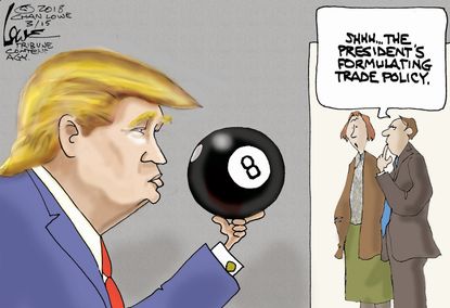 Political cartoon U.S. Trump foreign policy North Korea tariffs eight ball