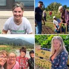 Four images of people smiling in gardens