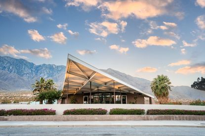 Palm Springs Visitor Center formerly tramway gas station against blue skies - a great example of desert modernism