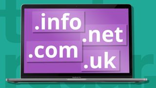 Best domain registrar image includes .com, .info, .net and .uk on a laptop screen in purple and white