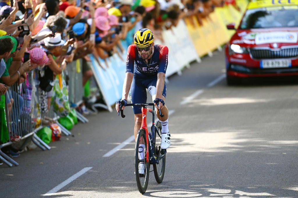 SAINTETIENNE FRANCE JULY 15 Filippo Ganna of Italy and Team INEOS Grenadiers crosses the finish line during the 109th Tour de France 2022 Stage 13 a 1926km stage from Le Bourg dOisans to SaintEtienne 488m TDF2022 WorldTour on July 15 2022 in SaintEtienne France Photo by Tim de WaeleGetty Images