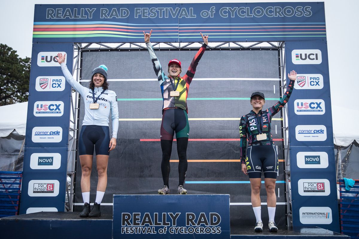 Really Rad Festival of Cyclocross day 2, 2023: Women&#039;s podium with Maghalie Rochette first, Sidney McGill second and Katie Clouse third