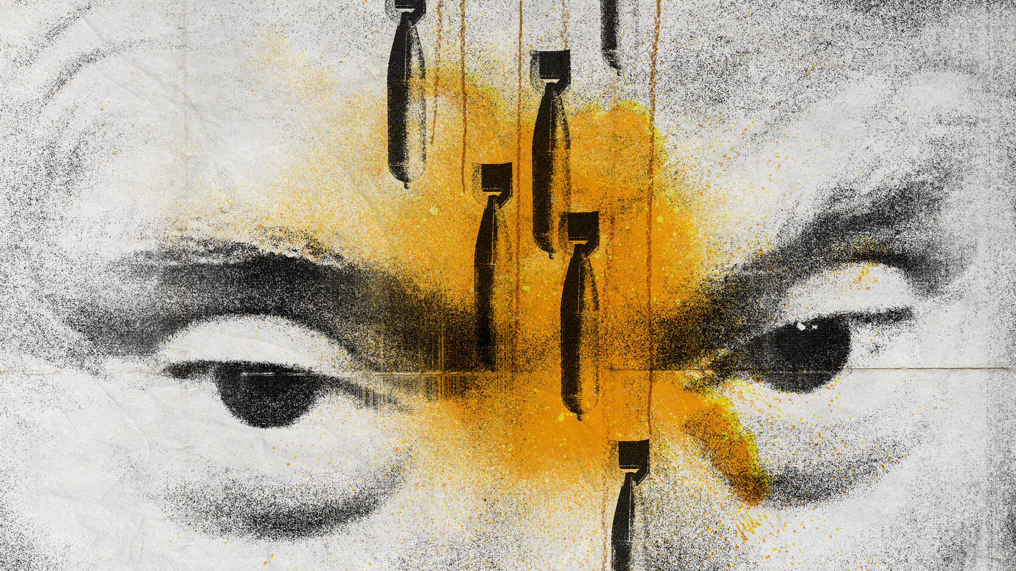 Photo collage of Donald Trump's eyes overlaid with falling bombs and an orange explosion