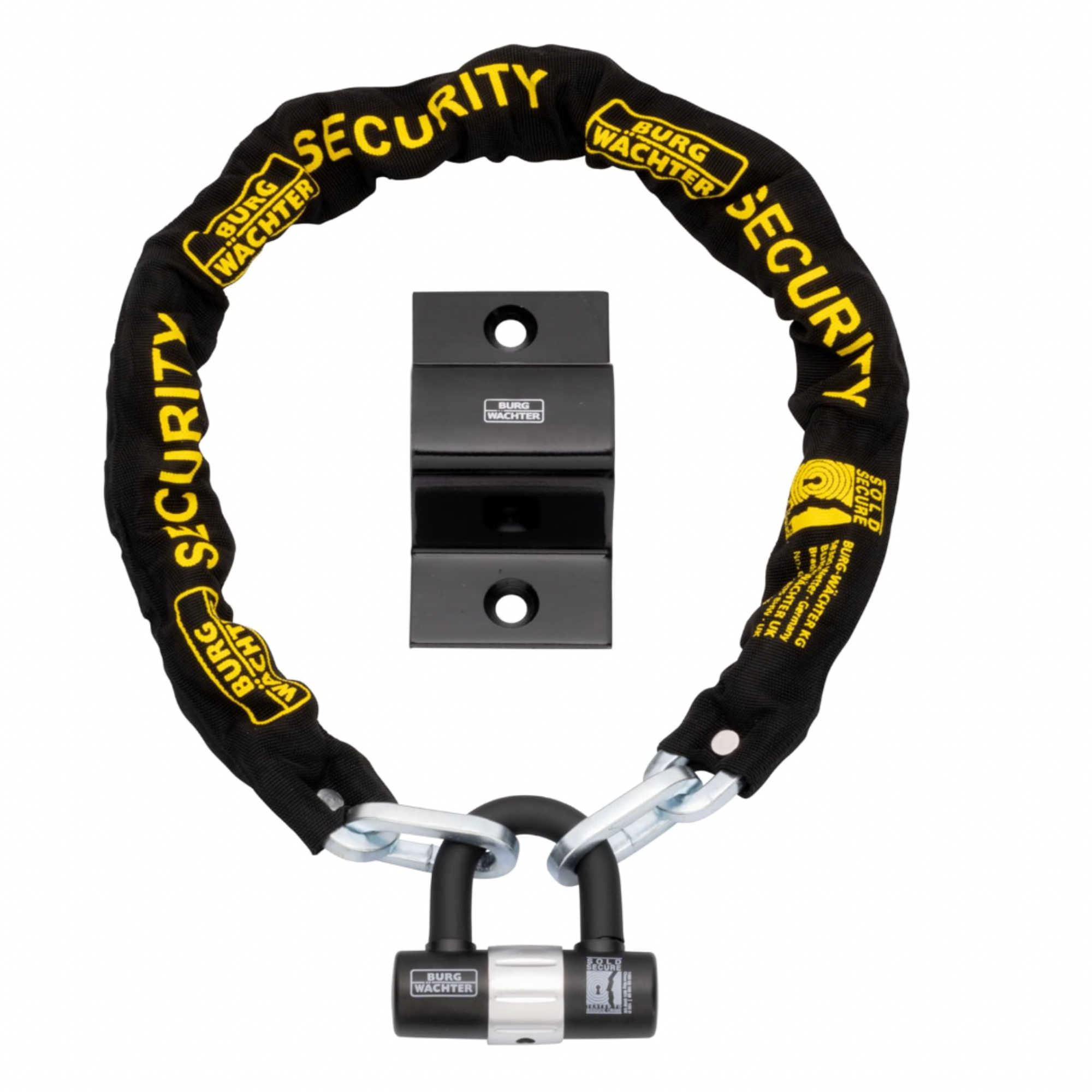 Black and yellow security chain with fixed padlock