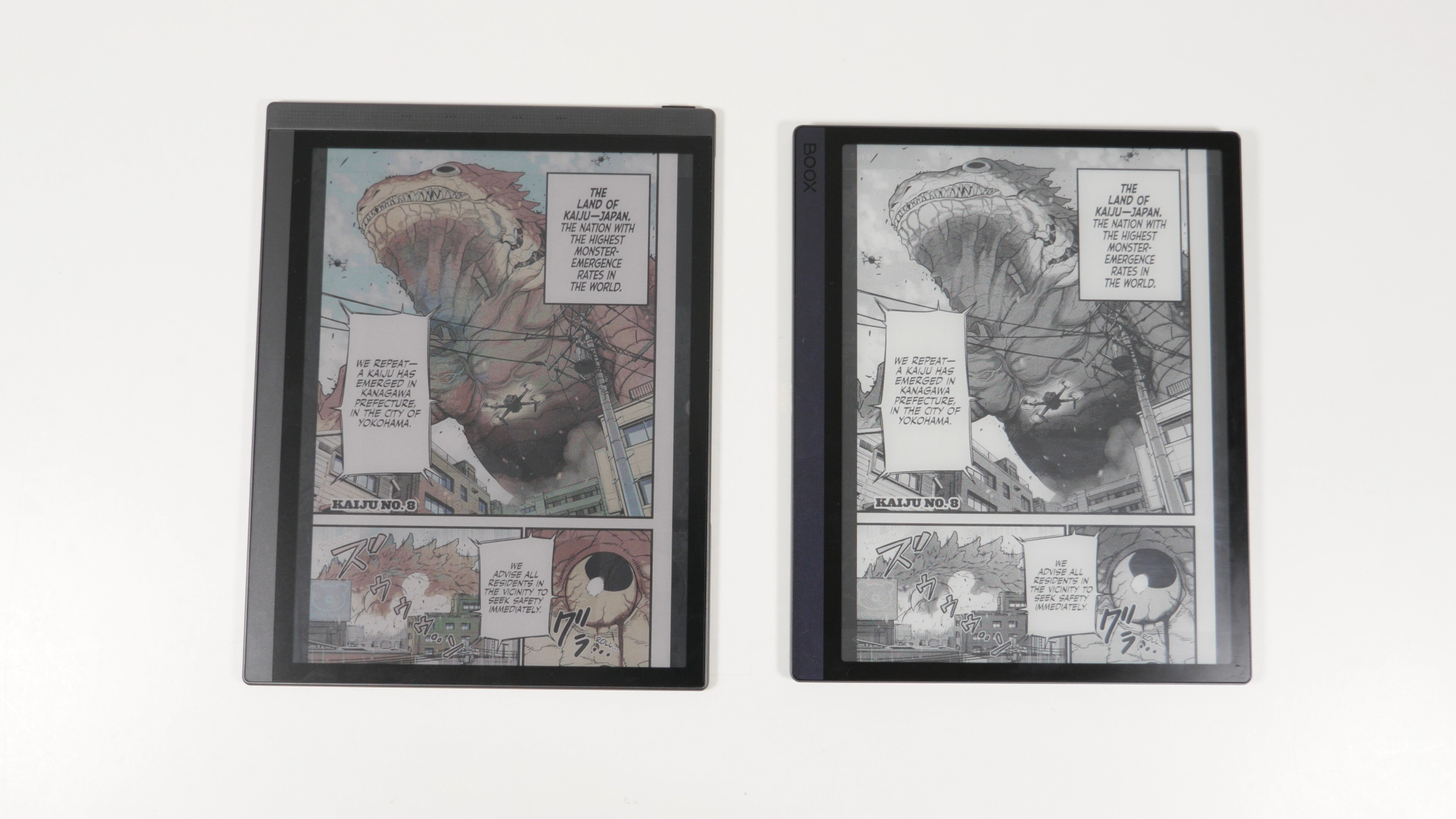 Reading the first issue of Kaiju Number 8 on a Bigme B1051C Pro and an Onyx Boox Tab Ultra to compare Kaleido 3 color E Ink with Carta black and white E Ink