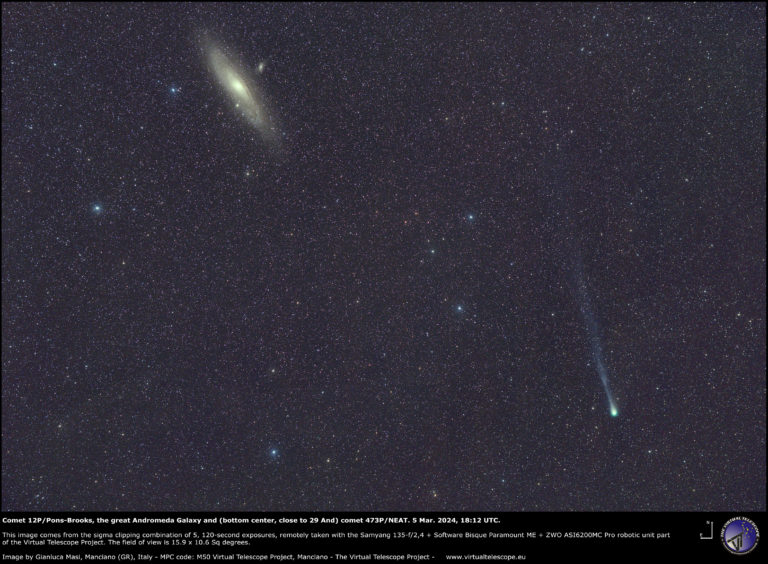 Comet 12P/Pons-Brooks and the great Andromeda Galaxy. 5 Mar. 2024.