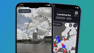 Two phones on a green and blue background showing the Google Talking Tours feature in London