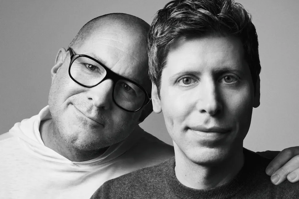 Open AI's Jony Ive and Sam Altman shot in black and white. Ive has his arm around Altman's shoulders in a friendly manner.
