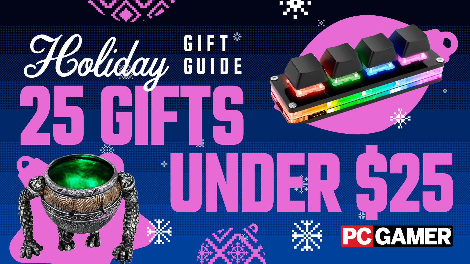 PC Gamer Holiday Gift Guide - 25 gifts under $25 - an Elden Ring pot lamp and a macro keypad