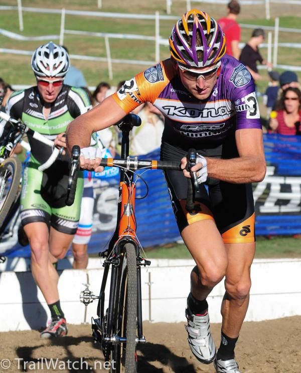 Ryan Trebon (Kona) leads the race at the barriers
