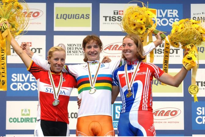 Trixi Worrack (Germany), Marianne Vos (Netherlands) and Nicole Cooke (Great Britain) make up the 2006 Worlds podium