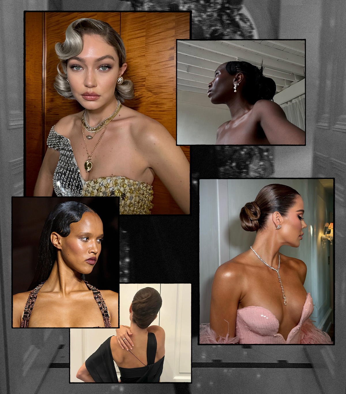 A collage of people in holiday-inspired makeup and hairstyles.