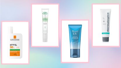 Collage of a selection of some of the best sunscreens for acne-prone skin from La Roche-Posay, Mario Badescu, Biore, and Dermalogica