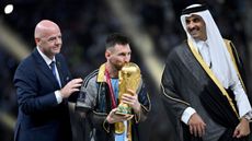 Fifa president Gianni Infantino, Lionel Messi and Qatar Emir Tamim bin Hamad Al Thani