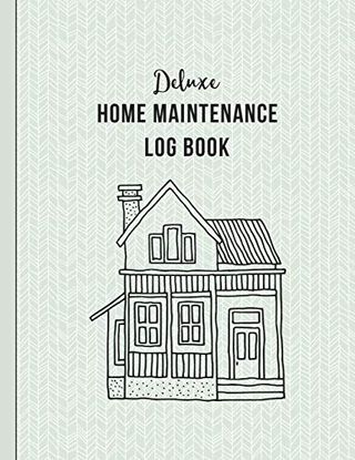 The blue front cover of a home maintenance log book. A black pen drawing of a house on the front. 