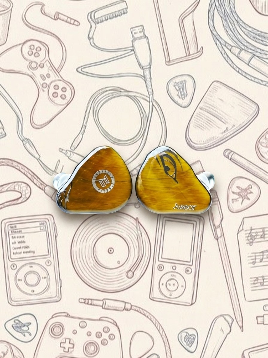 A selection of in-ear monitors on an AI-generated, illustrative background.