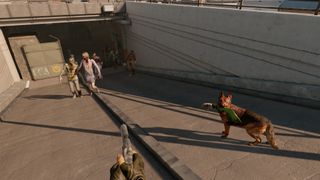 Arizona Sunshine 2 official screenshot of Buddy playing fetch with a zombie arm