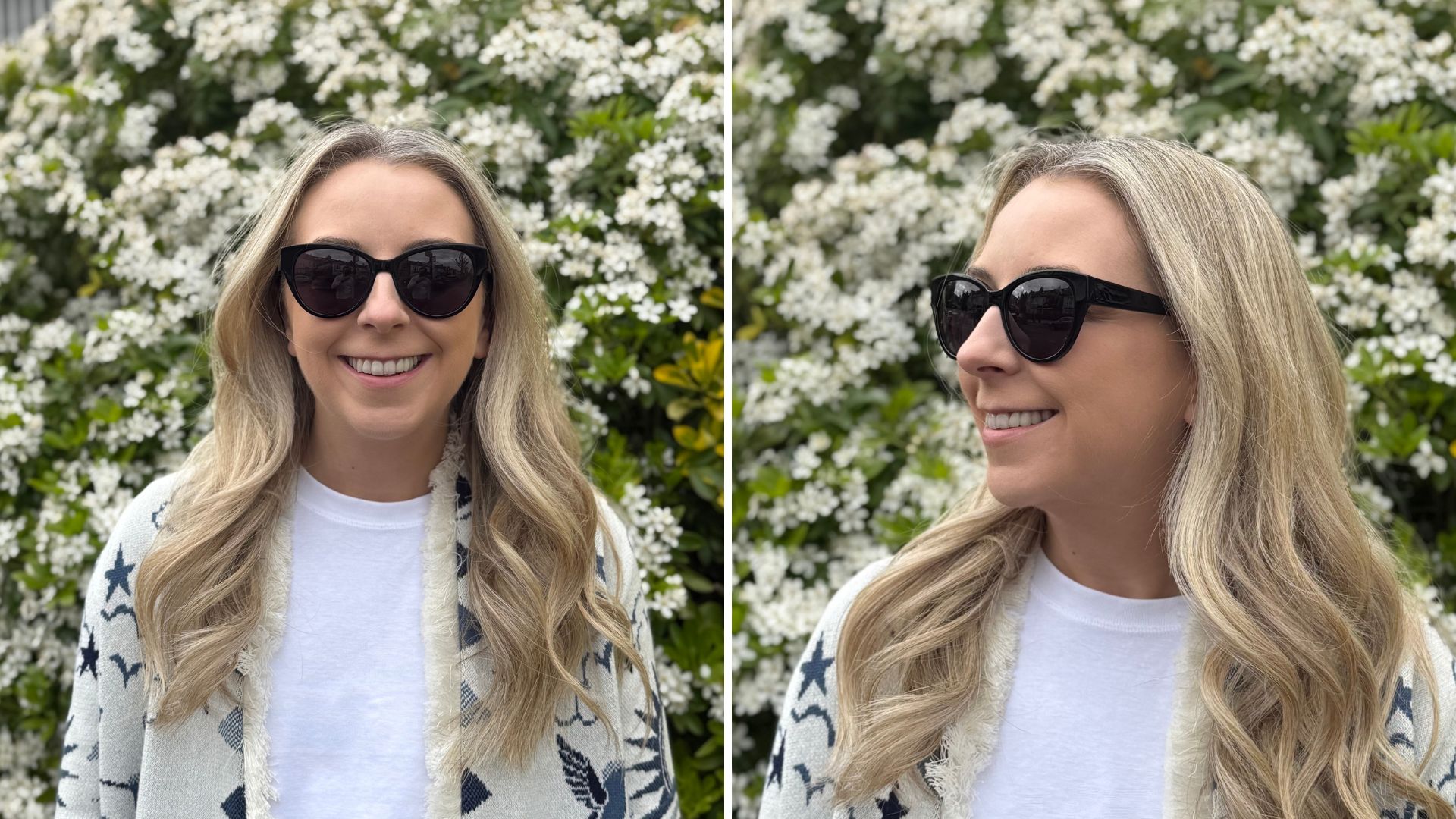 Two images of Caroline Parr wearing Finlay Henrietta sunglasses