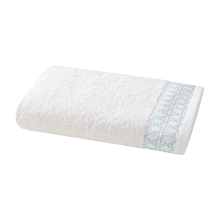 A white towel with a blue border