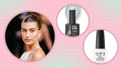 Hailey Bieber wearing her hair in a bun and wearing a white silk dress on the Met Gala 2022 red carpet / in a template with nail polishes from Mylee and OPI/ in a pink and green template