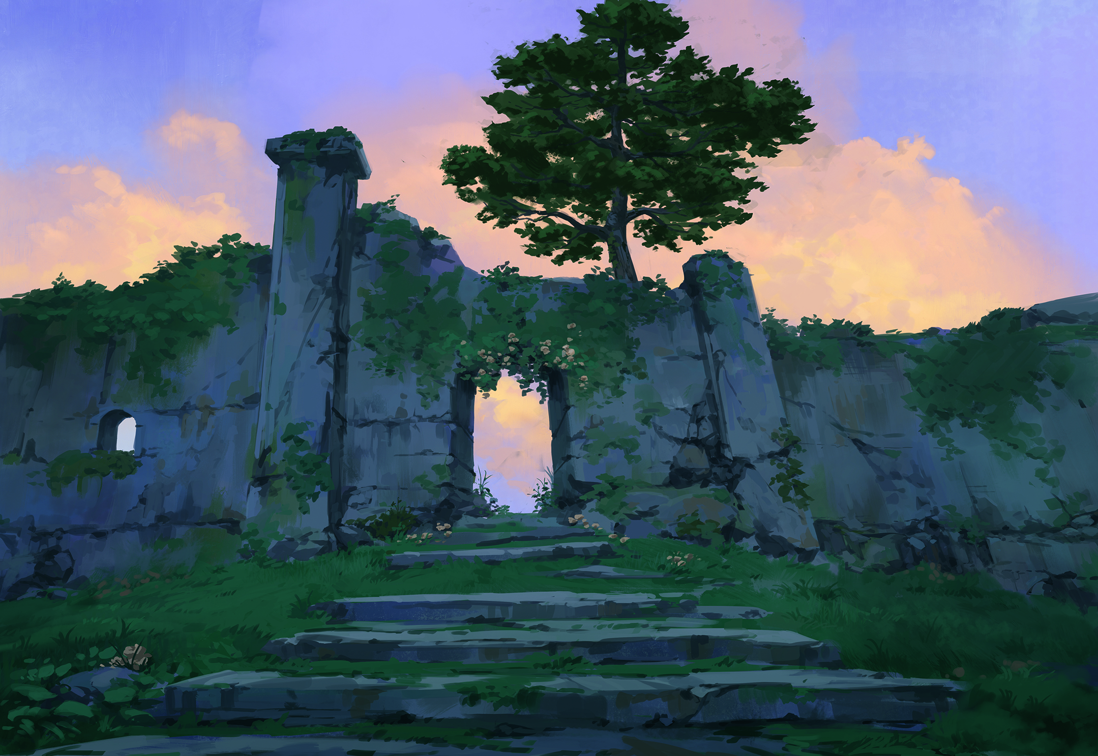 Digital art in progress from a matte painting tutorial