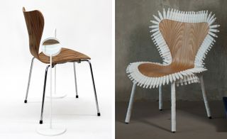 Two images, Left- a reframed wooden chair with metal lefs, Right- A foam bone edged wooden chair with white legs