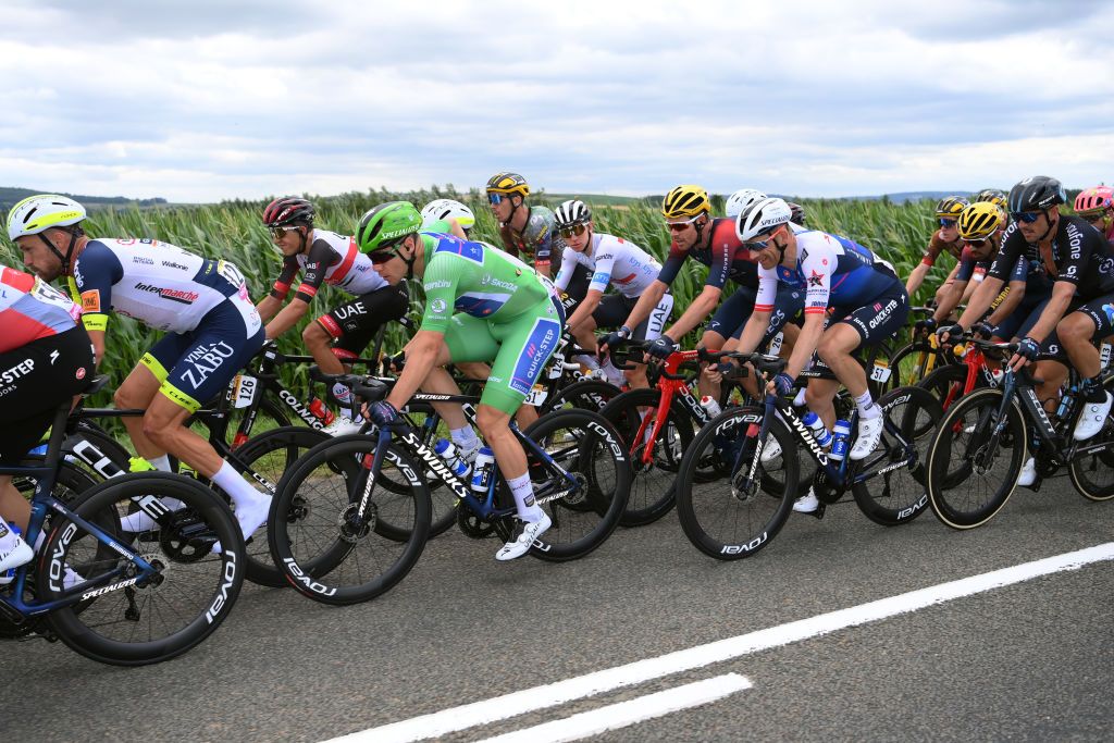 LONGWY FRANCE JULY 07 LR Fabio Jakobsen of Netherlands and QuickStep Alpha Vinyl Team Green Points Jersey Tadej Pogacar of Slovenia and UAE Team Emirates white best young jersey Michael Morkov of Denmark and QuickStep Alpha Vinyl Team competeduring the 109th Tour de France 2022 Stage 6 a 2199km stage from Binche to Longwy 377m TDF2022 WorldTour on July 07 2022 in Longwy France Photo by Alex BroadwayGetty Images