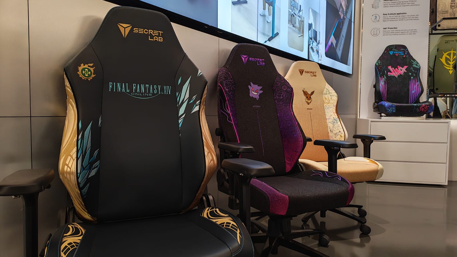 Final Fantasy and Pokemon Secretlab Titan Evo skins on display at the company's office