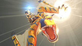 A Rider performing a special move atop a Tigrex in Monster Hunter Stories 2