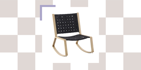 rocking chair with black woven seat and wood frame