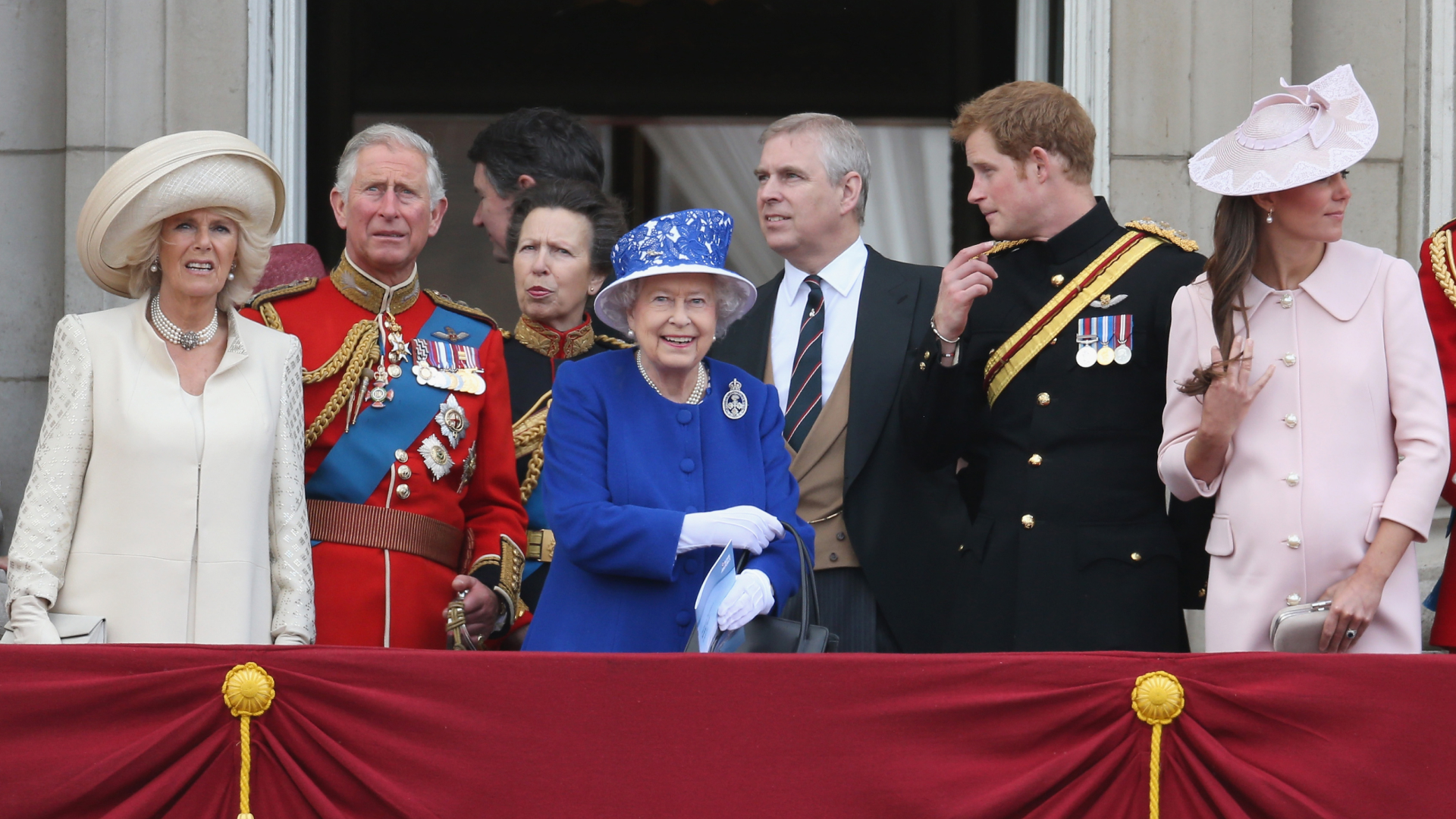 Queen Camilla, King Charles, Queen Elizabeth, Prince Andrew and other royals on the balcony at Buckingham Palace during Trooping the Colour 2013