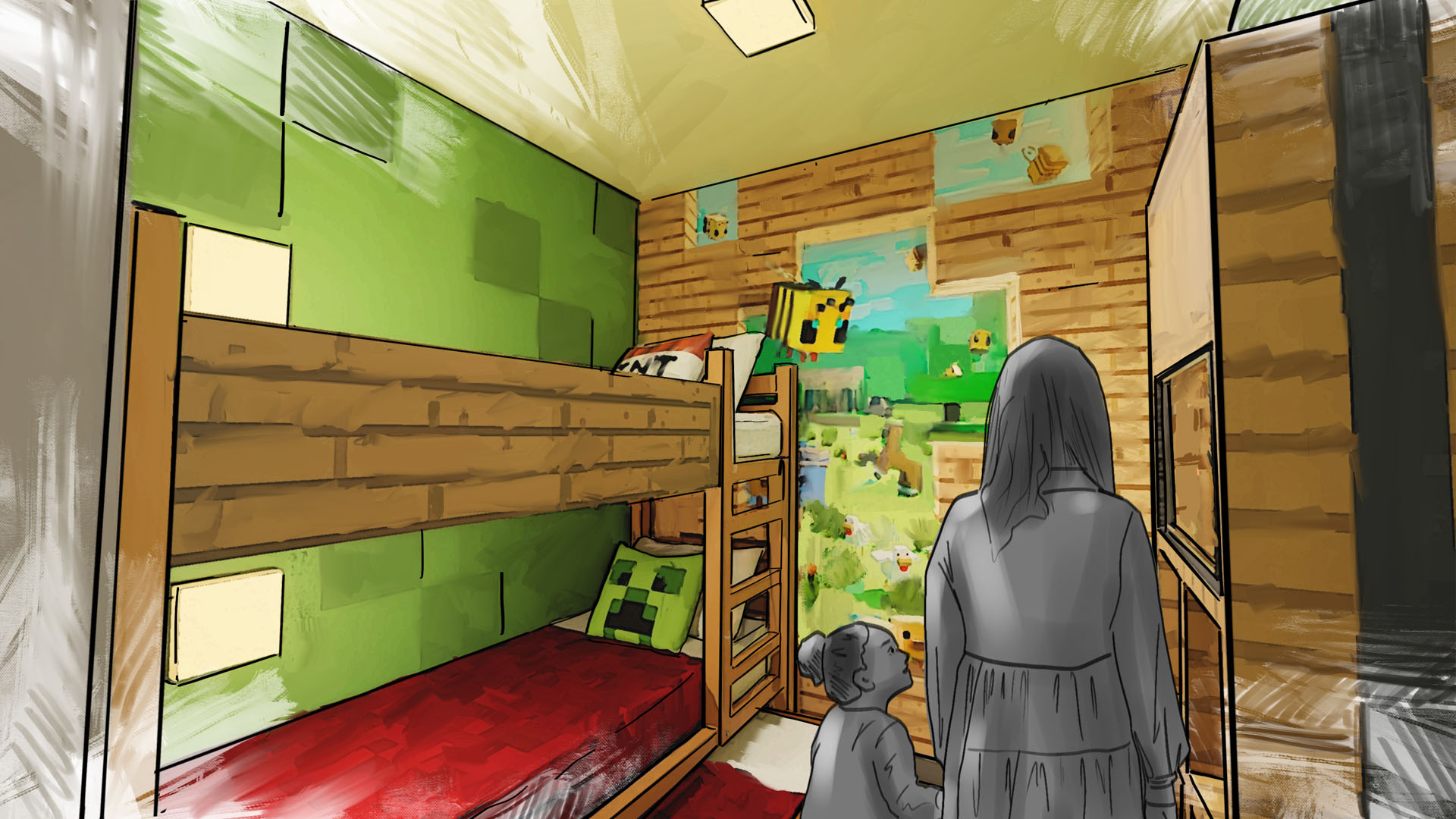 concept image of a Minecraft hotel room.
