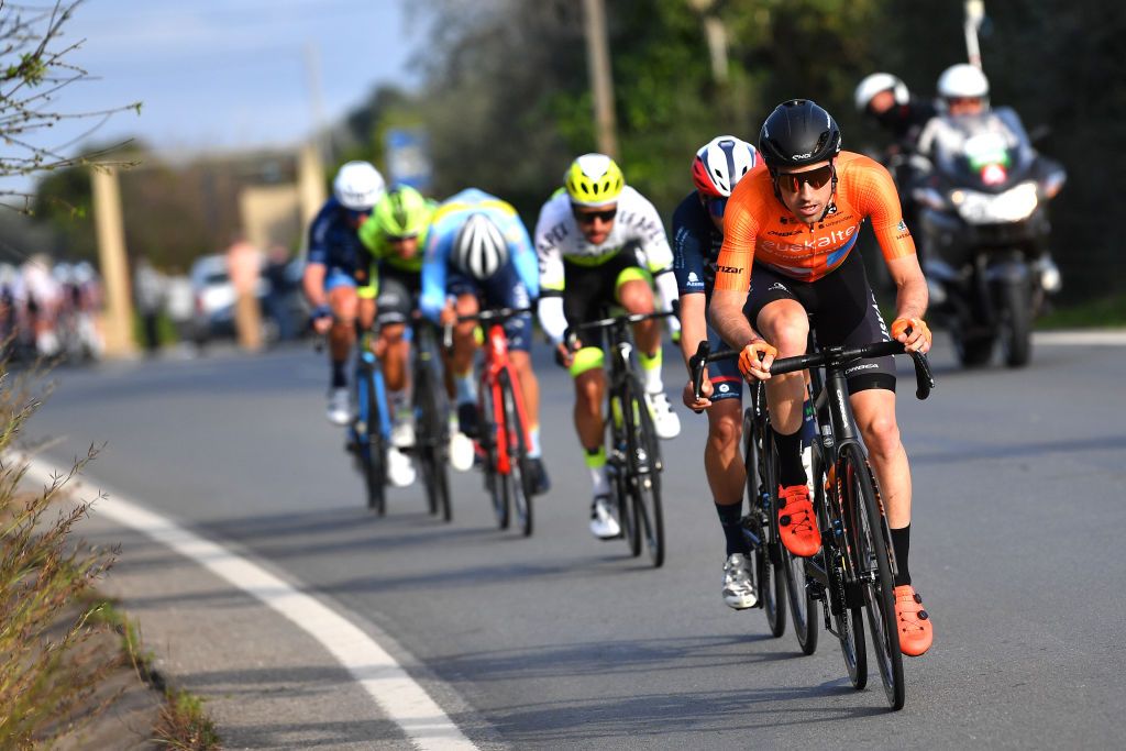 FARO PORTUGAL FEBRUARY 18 Txomin Juaristi Arrieta of Spain and Team Euskaltel Euskadi competes in the breakaway during the 48th Volta Ao Algarve 2022 Stage 3 a 2114km stage from Almodvar to Faro VAlgarve2022 on February 18 2022 in Faro Portugal Photo by Luc ClaessenGetty Images
