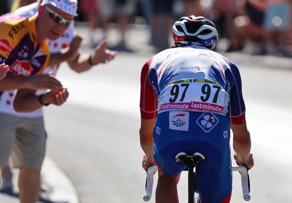 GroupamaFDJ teams French rider Thibaut Pinot cycles during the 9th stage of the 109th edition of the of the Tour de France cycling race 1929 km between Aigle in Switzerland and Chatel Les Portes du Soleil in the French Alps on July 10 2022 Photo by Thomas SAMSON AFP Photo by THOMAS SAMSONAFP via Getty Images