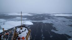 A research vessel travels through the Arctic Ocean in October 2015. 