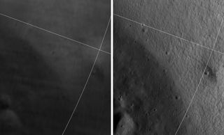 Images of the permanently shadowed wall and floor of the moon’s Shackleton Crater captured by the Lunar Reconnaissance Orbiter Camera (LROC) (left) and ShadowCam (right), which is flying on South Korea’s Danuri moon orbiter. Each panel shows an area that is 5,906 feet (1,800 meters) wide and 7,218 feet (2,200 m) tall. 