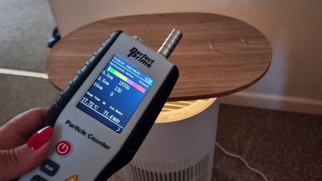 SwitchBot Air Purifier Table being tested by our reviewer