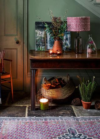 green hallway with cosy atmosphere with layered lighting