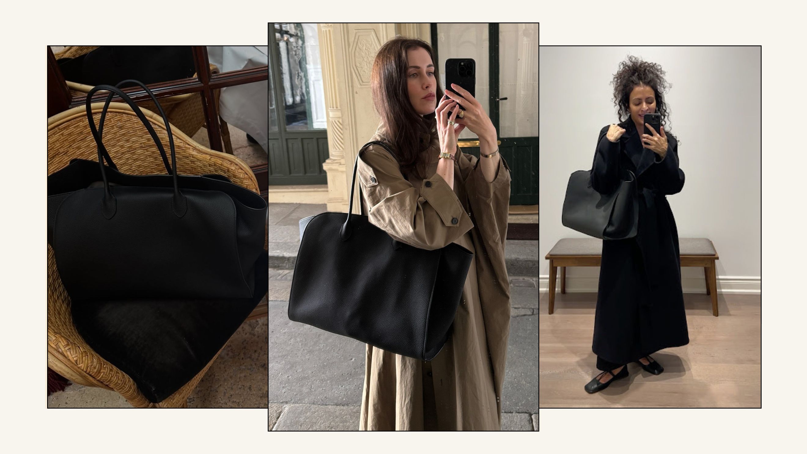 The Row Marlo bag on chair; woman wears trench coat and carries black bag; woman wears long black coat and carries black bag