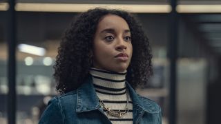 Maria in striped turtleneck and denim jacket in Black Mirror Season 7 "Bête Noire"