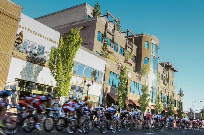 The men get strung out through downtown Bend.