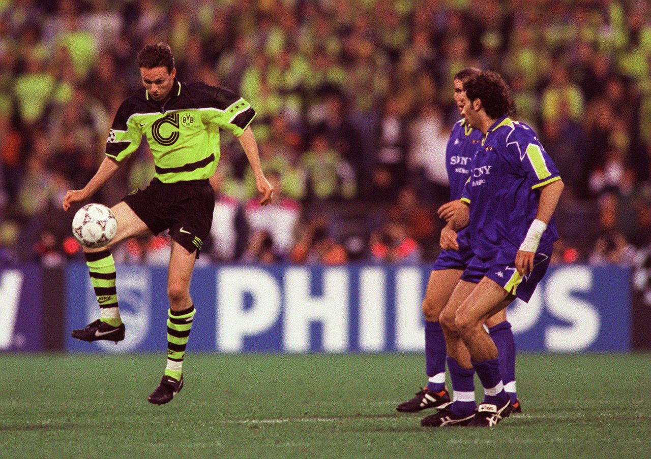 Paul Lambert in action for Borussia Dortmund during the 1997 Champions League final against Juventus