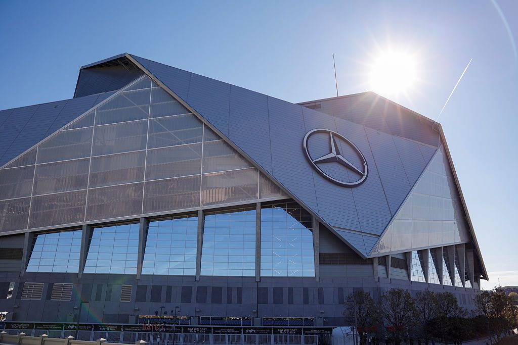 ATLANTA, GEORGIA - NOVEMBER 28: An exterior view of Mercedes-Benz Stadium prior to the game between the Georgia Tech Yellow Jackets and Georgia Bulldogs at Mercedes-Benz Stadium on November 28, 2025 in Atlanta, Georgia. (Photo by Todd Kirkland/Getty Images) *** Local Caption ***