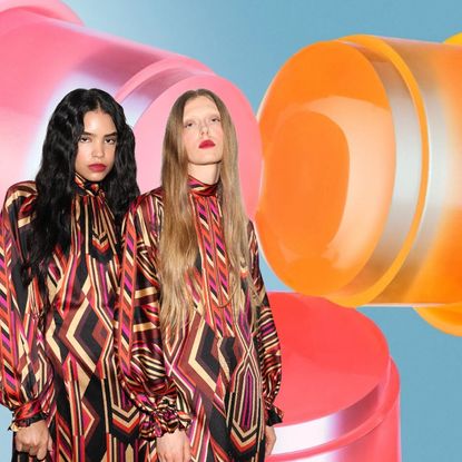 two women in red and black clothes next to three tubes of jelly perfume in red pink and yellow