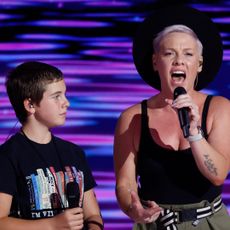 P!NK and her daughter Willow Sage Hart take part in stage testing ahead of the start of the final day of the Democratic National Convention (DNC) at the United Center on August 22, 2024 in Chicago, Illinois.