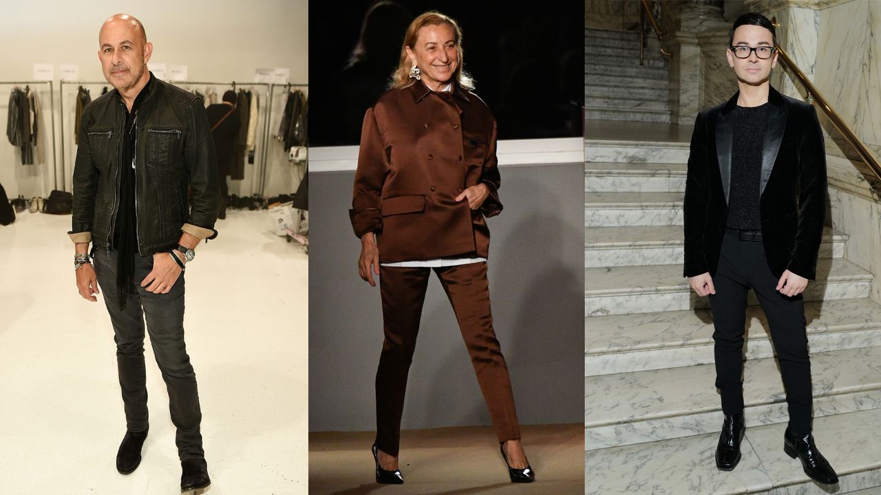 composite image of three designers: John Varvatos / Miuccia Prada / Christian Siriano
